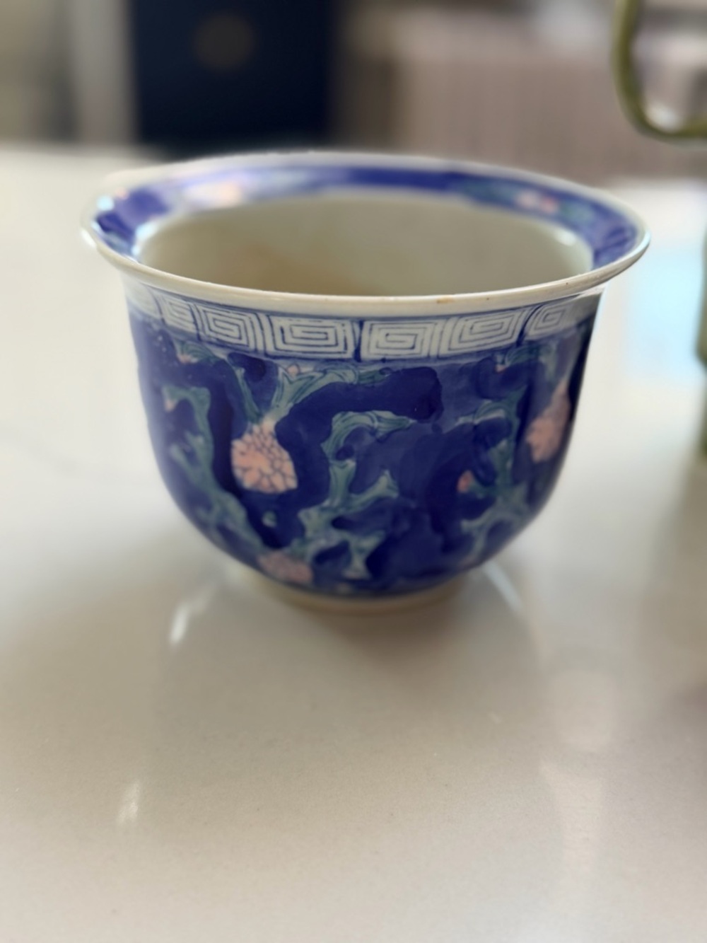 Vintage Ceramic Art Pot with Blue and Pink Floral Glaze